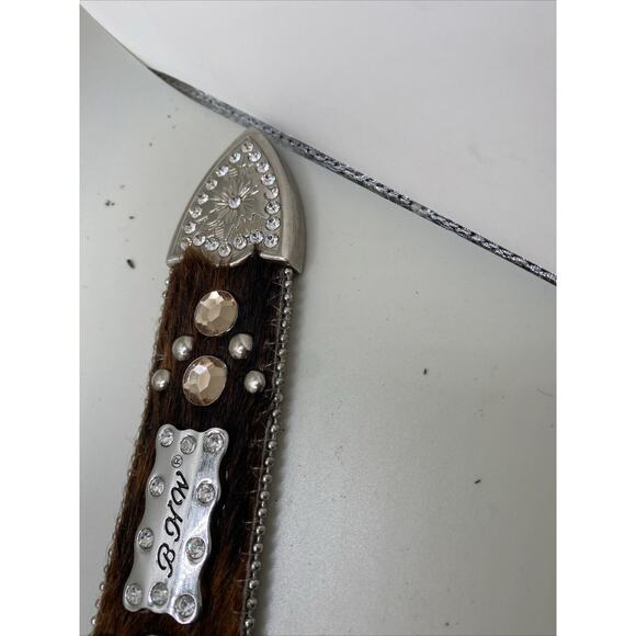 BHW Womens M Belt Leather Faux Cow Fur Rhinestone Western Cowgirl Bling Studded - Picture 8 of 9